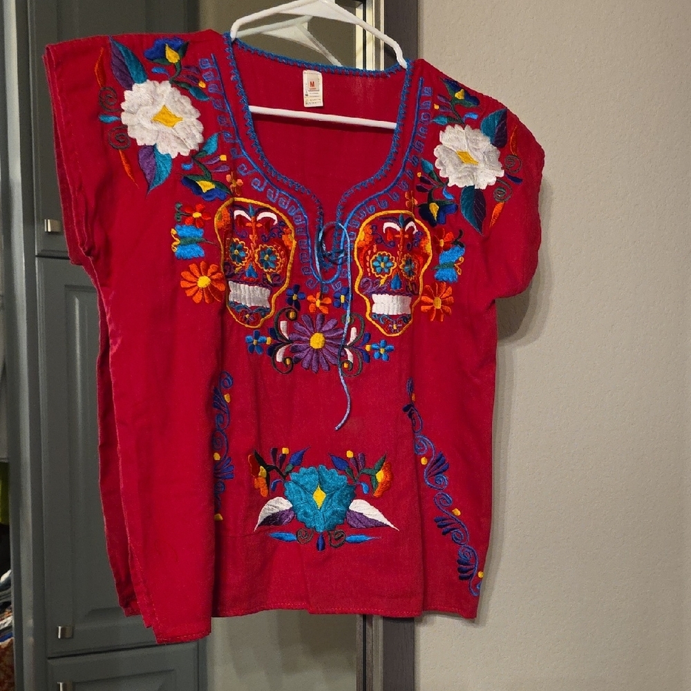 Red Embroidered Top with Floral and Skull Design - Picture 2 of 6